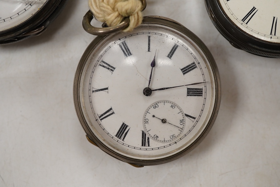 A Victorian silver open faced pocket watch by John Pill, London, two white metal fob watches and a Swiss 935 standard hunter pocket watch